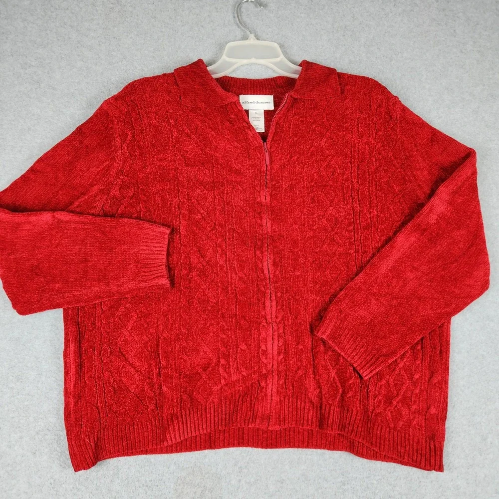 Alfred Dunner Cardigan Sweater Womens XL Red Chenille Knit Classic Fit Full‎ Zip